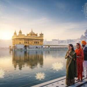 A serene, photo-realistic depiction of the iconic Golden Temple in Amritsar, bathed in the soft glow of the rising sun. The temple's golden dome reflects beautifully in the calm waters of the Amrit Sarovar, with gentle ripples creating a tranquil effect. The scene is filled with pastel hues of dawn—soft blues, pale pinks, and warm golds—highlighting the ethereal beauty of the place. In the foreground, a diverse group of Indian visitors in contemporary attire, including a woman in a modern saree and a man in a kurta, are respectfully admiring the temple, embodying a sense of peace and spirituality. Around them, stylized lotus flowers float gently on the water's surface. The sky is adorned with faint, glowing mandalas, enhancing the spiritual ambiance. The overall tone is one of harmony and mindfulness, inviting viewers to explore Amritsar's spiritual richness.
