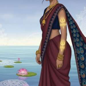 An ethereal and serene scene featuring a mystical Indian woman, draped in a flowing saree of maroon and peacock blue, adorned with gold and saffron Trishula-themed jewelry. Her tattoos of intricate Trishulas glow softly on her arms, blending seamlessly with her ornate bangles. She stands gracefully beside a tranquil water surface, where soft pastel reflections of mandalas and lotus flowers shimmer. In the background, a serene, otherworldly landscape unfolds, with delicate patterns reminiscent of Madhubani art. The scene captures the essence of modern elegance and spiritual symbolism, drawing the viewer into a harmonious fusion of tradition and contemporary aesthetics.