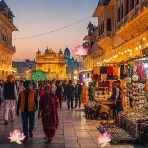 An ethereal depiction of Amritsar Heritage Street at dusk, bathed in the soft glow of warm golden lights. The street is bustling with Indian families and tourists, some in traditional Punjabi attire, walking amidst beautifully preserved colonial-era buildings with intricate facades. The scene captures vibrant street vendors selling colorful fabrics and traditional crafts, while the air is filled with the scent of spices from nearby stalls. In the background, the iconic silhouette of the Golden Temple glows softly under a starlit sky, its reflection shimmering in a calm water surface. Large, stylized peacock feathers and lotus motifs subtly integrated into the scene add a touch of surrealism. The atmosphere is serene yet lively, inviting viewers into the rich tapestry of Amritsar's cultural heritage.