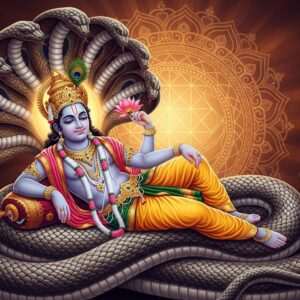 An intricate and serene depiction of Anantashayana Vishnu, portrayed in a hyperrealistic art style. Vishnu is lying gracefully on the coiled body of the cosmic serpent Ananta, whose multiple heads form a protective canopy. The scene is adorned with rich, deep colors like maroon, saffron, and gold, creating an ethereal atmosphere. Vishnu's form is serene and composed, with a calm expression, and he holds a lotus flower in one hand while resting another on Ananta. His adornments include traditional gold jewelry and a finely detailed crown. The background features a softly glowing mandala and stylized lotus flowers, enhancing the spiritual ambiance. The lighting casts a warm, divine glow over the entire scene, blending traditional Indian stone artistry with modern digital aesthetics, inviting viewers to explore the divine symbolism further.