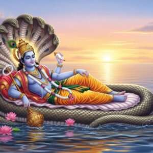 In the vast cosmic ocean, Anantashayana Vishnu is depicted in serene tranquility, reclining on the coils of the great serpent Ananta. His form is majestic and divine, with blue-hued skin that glows ethereally. Vishnu has four hands: one holds a conch shell (shankha), another holds a discus (chakra), the third a lotus flower (padma), and the fourth a mace (gada). His eyes are closed in peaceful meditation, symbolizing the cosmic dream. The backdrop is an endless, surreal expanse of calm, shimmering water reflecting soft, pastel hues of dawn with hints of gold and pale pink. Above him, a glowing mandala radiates gentle, divine energy. Around him float celestial lotuses and gentle waves, enhancing the dreamlike atmosphere. The art style is hyperrealistic with intricate patterns inspired by traditional Indian art forms, seamlessly blended with modern digital aesthetics to evoke spirituality and cosmic harmony.
