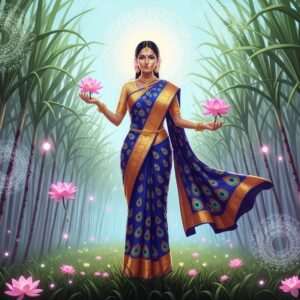 An ethereal depiction of a serene Indian woman with radiant, glowing skin, standing amidst a lush sugarcane field. Her expression is calm and wise, with a gentle smile suggesting a deep connection to ancient beauty secrets. She is adorned in a flowing saree with intricate patterns of gold and peacock blue, symbolizing traditional elegance. The background features softly glowing pastel lights, creating a surreal and tranquil atmosphere. Lotus flowers float in the air, and delicate mandalas subtly adorn the scene, highlighting the spiritual and cultural essence. The art style merges traditional Indian motifs with modern digital aesthetics, ensuring a visually captivating and harmonious image.