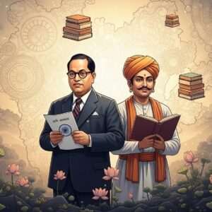 Two distinguished Indian figures, Dr. B.R. Ambedkar and Jyotirao Phule, stand together in a harmonious blend of traditional and modern aesthetics. Dr. Ambedkar is depicted with his iconic round glasses, dressed in a modern suit, holding the Indian Constitution in one hand. Jyotirao Phule is shown wearing a traditional turban and attire, holding a book symbolizing education and empowerment. They stand against a backdrop featuring an ethereal, surreal landscape of Maharashtra, with intricate patterns inspired by Madhubani and Pattachitra art. The scene is illuminated with a soft, warm golden light that highlights their serene expressions of determination and wisdom. Surrounding them are stylized lotus flowers and abstract representations of progress like gears and books, merging heritage with innovation. The overall tone is peaceful, inspiring, and thought-provoking, inviting viewers to delve into their impactful legacy.