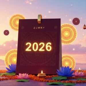 A serene and ethereal scene featuring a traditional Indian calendar with intricate patterns, showcasing the year 2026 highlighted in luminous gold against a deep maroon backdrop. Surrounding the calendar are glowing mandalas and delicate lotus flowers, all in rich hues of saffron and peacock blue. The calendar is set against a tranquil, surreal landscape with soft, pastel-colored skies, where a gentle, warm light bathes everything in a harmonious glow. The scene is adorned with subtle cultural motifs and spiritual symbols, capturing the essence of auspiciousness and serenity. The art style blends hyperrealism with a touch of fantasy, drawing the viewer into a world of tradition meets modernity.