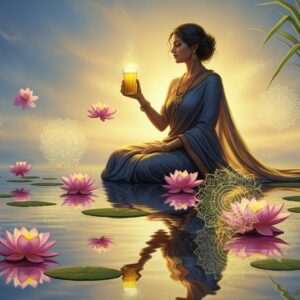 A serene and ethereal scene featuring a young Indian woman dressed in a flowing, pastel-colored saree, sitting beside a calm water surface. She holds a glass of fresh sugarcane juice, the liquid glowing softly with a golden hue. Around her, intricate patterns of lotus flowers and mandalas float gently in the air, casting delicate reflections on the water. The background is a tranquil blend of soft blue and warm gold, reminiscent of dawn or dusk. The atmosphere is calm and inviting, exuding a sense of harmony and mindfulness. The art style is hyperrealistic with a touch of fantasy, capturing the essence of Ayurvedic wisdom and the natural beauty of sugarcane.