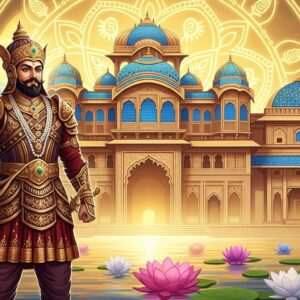 A regal Indian warrior king, Bappa Rawal, stands proudly in the center, clad in traditional Rajput armor with intricate gold and maroon detailing. His armor glistens under a soft golden light, capturing the essence of valor and nobility. Behind him, a beautifully designed palace with elements of ancient Rajput architecture emerges, adorned with peacock blue and saffron motifs. In the foreground, vibrant lotus flowers and a serene water surface reflect the ethereal atmosphere. The backdrop features a glowing mandala subtly incorporating Rajput symbols, exuding a sense of heritage and pride. The scene is set in a modern digital art style, merging traditional aesthetics with a surreal and spiritual ambiance, inviting viewers to explore his legendary legacy.
