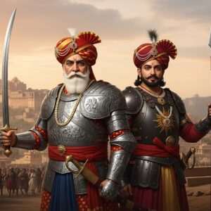 A majestic scene capturing the grandeur of Bappa Rawal and Maharana Pratap standing together, symbolizing the enduring legacy of their dynasty. Bappa Rawal is depicted in intricate Rajput armor, with a traditional Rajasthani turban, holding a sword with ornate engravings. Maharana Pratap stands beside him, holding his iconic spear, wearing regal armor and the distinctive royal turban with a plume. The background features a mystical blend of historic Mewar forts and palaces under a golden-hued sky, softly illuminated by ethereal, glowing lights. The foreground includes detailed elements of Rajasthani culture, like peacock feathers and vibrant maroon and saffron fabrics, adding a touch of modern digital aesthetics. The art style is hyperrealistic, with rich, deep colors and intricate patterns, conveying an aura of valor, heritage, and timelessness.