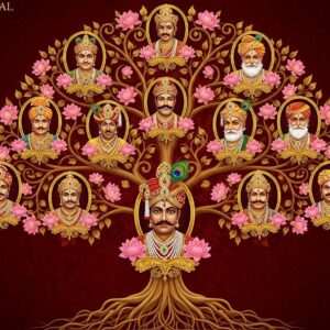 An intricately detailed family tree of Bappa Rawal, the legendary Indian ruler, depicted in the art style of Poojn. The tree is set against a rich maroon and gold background, with deep blue and saffron accents. Each branch of the tree gracefully extends to reveal ornate portraits of Bappa Rawal and his successors, adorned in regal Indian attire with traditional jewelry and majestic crowns. The portraits are surrounded by delicate lotus flowers and glowing mandalas, adding a spiritual essence to the composition. Soft, ethereal lighting illuminates the scene, highlighting the noble lineage with a touch of modern digital aesthetics. The overall image exudes a sense of history, heritage, and reverence, inviting viewers to delve deeper into the legacy of Bappa Rawal.