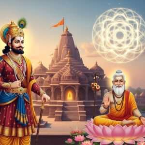 An ethereal and serene depiction of Bappa Rawal, the legendary 8th-century ruler, standing majestically in front of the ancient Eklingji Temple. He is portrayed in traditional regal attire with intricate patterns and deep, rich colors like gold, maroon, and peacock blue. The temple is illuminated by a warm, golden glow with its characteristic spires reaching towards a tranquil sky filled with pastel hues. Beside him, Harit Rishi, an enlightened sage, is shown with a calm and wise demeanor, seated in a meditative pose on a soft lotus bloom. Their divine connection is symbolized by a luminous, intertwined mandala above them, casting a serene light over the scene. The atmosphere is mystical and spiritual, inviting the viewer into the ancient heritage with a modern digital aesthetic that merges traditional Indian art forms with contemporary digital finesse.