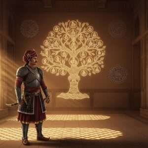 A regal, noble Indian warrior clad in intricate, traditional Rajput armor, standing proudly in an expansive, golden-hued hall adorned with detailed Madhubani and Pattachitra patterns. The background showcases a grand ancestral family tree etched into a glowing, ornate mandala on the wall, with faint images of ancestors and descendants subtly visible within. The scene is illuminated by warm, ethereal light cascading through elaborate lattice windows, casting patterned shadows across the polished floor. The warrior's expression is serene and contemplative, embodying a rich heritage and legacy. Elements of deep maroon and peacock blue are harmoniously integrated into the scene, enhancing its majestic aura.