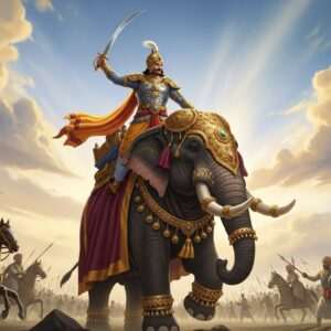 A regal and commanding depiction of Bappa Rawal, a legendary Indian warrior, in the midst of an intense battle scene. He stands atop a majestic war elephant adorned with intricate armor and vibrant saffron and maroon drapery, symbolizing courage and honor. Bappa Rawal is depicted with a determined expression, wearing a traditional Rajputana helmet and armor, his sword raised high. In the background, a dramatic clash unfolds with soldiers on horseback and foot, their attire reflecting the rich cultural heritage of ancient India. The sky is painted in hues of peacock blue and gold, with swirling clouds adding to the dynamic energy of the scene. The art style is hyperrealistic with a modern digital aesthetic, blending traditional Indian art forms with contemporary visual storytelling, evoking a sense of historical grandeur and valor.