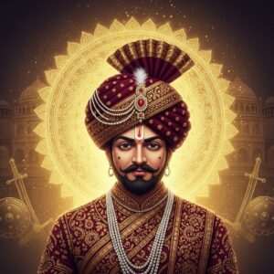 An intricately detailed portrait of Bappa Rawal, depicted as a regal and commanding figure from Indian history. He is adorned in a traditional royal Rajput attire with a vibrant turban in deep maroon and gold hues, embellished with exquisite patterns reminiscent of Pattachitra art. His expression is one of wisdom and strength, capturing his legendary status. The backdrop features a golden mandala with intricate designs, casting a soft glow around him, symbolizing his revered legacy. Surrounding him are faint, ethereal depictions of ancient Indian architecture and symbols of valor like swords and shields, all blending seamlessly into a digital modern aesthetic. The scene is serene yet powerful, drawing viewers into his storied past.