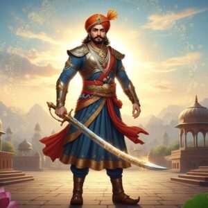 A majestic scene depicting the legendary warrior Bappa Rawal, standing tall with a dignified aura. He is dressed in traditional Rajput warrior attire, featuring intricate patterns and ornate armor. His figure exudes strength and grace, with a commanding presence. In his right hand, he holds a grand, intricately designed sword that glows with a mythical light, symbolizing his valor and leadership. The background showcases a surreal blend of ancient Indian architectural elements and ethereal landscapes, with soft pastel hues of blue and gold that create a dreamlike atmosphere. The setting sun casts a golden glow, highlighting his features and emphasizing his legendary status. The scene is enriched with cultural motifs such as stylized lotus flowers and faint mandalas, blending tradition with modern digital aesthetics. The overall tone is serene and awe-inspiring, capturing the essence of a legendary hero.