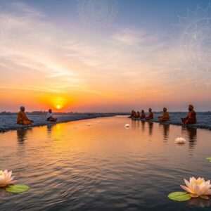 An ethereal landscape of the Beas River in Punjab, bathed in the soft glow of a setting sun. The river flows gently, reflecting hues of warm gold and pastel pink. Along the banks, serene figures of Indian men and women engage in peaceful meditation, adorned in simple, flowing attire that harmonizes with the tranquil environment. Traditional Indian motifs subtly woven into the scene, such as delicate lotus flowers floating on the water and faint outlines of mandalas in the sky, emphasize spirituality. The overall ambiance is serene and inviting, with a surreal quality that captures the essence of spiritual haven, blending heritage with modern digital aesthetics.