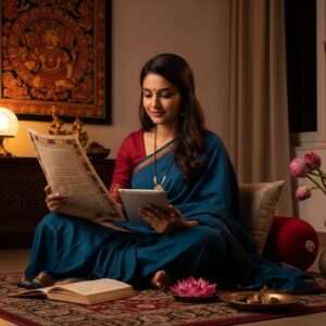 A young Indian woman in a modern, serene living room setting, surrounded by traditional Indian elements like a beautifully detailed Pattachitra painting on the wall and a delicate lotus flower arrangement. She is sitting comfortably on a plush cushion, holding an ancient Marathi script in one hand and a sleek tablet in the other, symbolizing the blend of traditional learning with modern technology. The room is softly illuminated by warm, glowing lights, casting gentle shadows that enhance the ethereal and tranquil ambiance. Her expression is one of focus and curiosity, embodying the journey of learning and discovery. The color palette includes rich maroons, saffron, and peacock blue, adding depth and cultural richness to the scene. The art style is hyperrealistic with digital aesthetics, capturing both heritage and innovation.