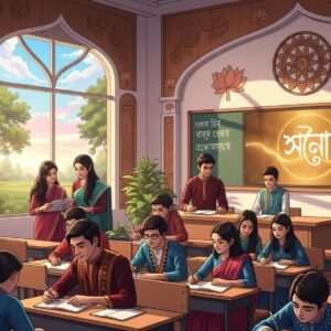 A serene depiction of a vibrant Bengali classroom scene set in 2026, featuring Indian students immersed in learning. The room is adorned with elegant traditional motifs like stylized lotus flowers and intricate mandalas subtly integrated into the decor. A modern digital screen displays a soft glowing image of the Bengali script, casting a warm golden light that enhances the ethereal atmosphere. The students, wearing a blend of contemporary and traditional attire in rich colors like maroon and peacock blue, are engaged in discussions and writing exercises. Large windows reveal a tranquil view of nature, with gently swaying trees and distant pastel-colored clouds. The composition is hyperrealistic, capturing the excitement and dedication of the students, while conveying a sense of harmony, cultural richness, and educational aspiration.