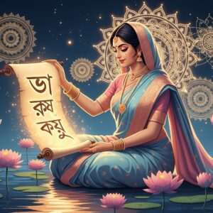 A serene, ethereal scene depicting an Indian woman sitting gracefully by a calm water surface, surrounded by intricate, glowing mandalas and stylized lotus flowers. She holds a scroll with elegant Bengali script, which seems to be illuminated by a soft, warm golden light. Her attire is a traditional Bengal saree in pastel shades of soft blue and pale pink, adorned with delicate gold embroidery. The background features a blend of modern digital aesthetics with traditional motifs, creating a harmonious balance between heritage and innovation. The atmosphere is tranquil and inviting, with gentle, glowing lights and a surreal, dreamlike quality that captivates and draws the viewer into the world of the Bengali alphabet.