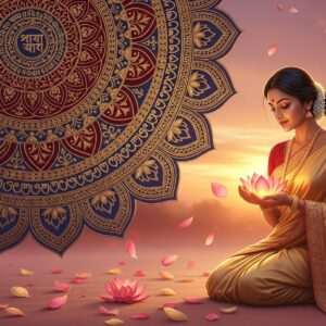 An ethereal scene featuring an intricately designed peacock blue and maroon mandala adorned with gold accents, symbolizing the essence of Bengali language. In the foreground, a serene representation of a traditional Bengali woman in a soft gold saree with delicate patterns reminiscent of Madhubani art, holding a glowing lotus flower. Her surroundings are filled with gentle, pastel hues of pink and saffron, creating an aura of tranquility. The background depicts a surreal, dreamlike landscape with flowing water surfaces and floating lotus petals. The lighting is warm and inviting, casting a soft glow that highlights the cultural richness and beauty of the Bengali language. The art style should be hyperrealistic with a touch of digital innovation, embodying both traditional elegance and modern aesthetics.