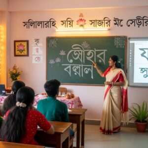 A serene, ethereal illustration of a traditional Bengali classroom with a modern twist, where an Indian teacher in a traditional Bengali saree (cream with red border) is gracefully explaining the Bengali script. The blackboard is adorned with intricate patterns resembling the flowing curves of Bengali letters, subtly integrating lotus flower motifs and spiritual symbols. The setting features warm, glowing lights casting a golden hue, enhancing the tranquil ambiance. Students of diverse backgrounds, dressed in vibrant contemporary attire, attentively engage with the lesson. The background includes pastel-colored walls with digital elements harmoniously blended with traditional art, creating a perfect balance of heritage and innovation. The scene captures the essence of learning and cultural richness, inviting readers to explore further.