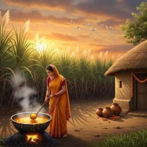 An elegant and serene scene of an Indian rural landscape, where a woman in a traditional saffron saree is gracefully stirring a large pot of golden jaggery with a wooden ladle. She is surrounded by sugarcane fields that stretch into the horizon, bathed in the warm glow of a setting sun. The sugarcane