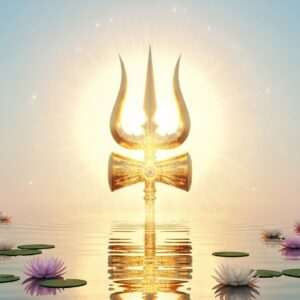 An ethereal scene depicting a powerful and majestic Trishula, with its three prongs gleaming in radiant gold. The Trishula is surrounded by a glowing aura, symbolizing spiritual energy, and is set against a serene background of soft pastel colors, such as pale blue and warm gold. In the foreground, a calm water surface reflects the Trishula's divine light, with gentle ripples adding to the sense of tranquility. Subtle lotus flowers float on the water, enhancing the spiritual atmosphere. The art style should be hyperrealistic, blending traditional Indian motifs with modern digital aesthetics, creating a sense of serenity and spiritual guidance.