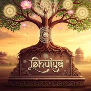 A serene Indian landscape depicting a family tree with roots deeply embedded into the earth. The branches extend upwards into a sky filled with softly glowing mandalas and delicate, ethereal lotus blossoms. At the base of the tree, an intricately carved stone tablet displays the Bhuiya name in a stylized script, surrounded by traditional Indian patterns and motifs. In the background, there are subtle hints of ancient Indian architecture, bathed in warm, golden light. The color palette is rich with maroon, saffron, and peacock blue, creating a harmonious blend of tradition and modernity. The scene conveys a sense of heritage, continuity, and spiritual connection to one’s roots.