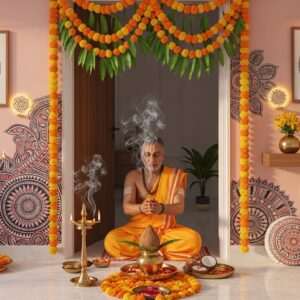A serene and ethereal scene depicting a traditional Griha Pravesh ceremony in a modern Indian home. The foreground shows a beautifully decorated entrance with a vibrant toran (door hanging) adorned with marigold flowers and mango leaves. A traditional brass lamp is lit, casting a warm, golden glow. A Hindu priest, dressed in a saffron dhoti and shawl, performs rituals with a brass kalash filled with holy water and a coconut atop, surrounded by fragrant incense smoke swirling gracefully. The background features intricate Pattachitra and Madhubani-style patterns on the walls, blending seamlessly with contemporary minimalist decor. Soft pastel hues of pale pink and warm gold fill the scene, creating an atmosphere of tranquility and positivity. The presence of subtle spiritual motifs like small glowing mandalas enhances the feeling of divine blessings for the new home. The overall composition is hyper-realistic, capturing the essence of tradition meeting modernity, inviting readers to explore the auspicious journey of Griha Pravesh in 2026.