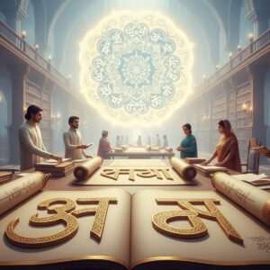 A serene, ethereal scene depicting a mystical library with ancient scrolls and illuminated manuscripts in the foreground. The scrolls are unfurled, showcasing intricate patterns inspired by Bengali, Hindi, and Sanskrit alphabets, adorned with delicate gold filigree. In the background, a tranquil, softly glowing mandala made of alphabetic symbols hovers, casting a gentle light over the scene. The atmosphere is dreamlike and peaceful, with pastel hues of soft blue, pale pink, and warm gold enveloping the scene. Indian characters in traditional attire, gazing thoughtfully at the scrolls, suggest a bridge between heritage and modernity. The art style is hyperrealistic with a touch of fantasy, drawing the viewer into a world of linguistic harmony and cultural exploration.