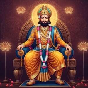 A regal portrait of Bappa Rawal, the legendary Rajput king, depicted in traditional royal attire with intricate gold embroidery, seated majestically on a grand throne. Surrounding him are ethereal glowing mandalas and lotus motifs, symbolizing his valor and spiritual significance. The background features a serene blend of deep maroon and peacock blue hues, with soft, surreal lighting that highlights the regal and spiritual ambiance. The scene captures a sense of reverence and respect, with elements of modern digital aesthetics enhancing the traditional Indian art style. The overall atmosphere is serene, majestic, and culturally rich, inviting viewers to explore the legacy of this iconic figure.