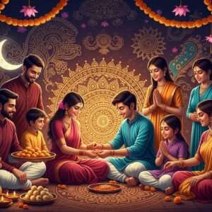An enchanting, hyperrealistic portrayal of a festive Indian family gathering, set against the backdrop of a vibrant, digitally rendered Pattachitra and Madhubani-inspired mural. The scene is bustling with joyful Indian men, women, and children, adorned in rich traditional attire of deep maroons, peacock blues, and saffrons. In the center, a sister ties a rakhi around her brother's wrist, surrounded by intricate mandalas and glowing golden patterns. To one side, a woman peers through a sieve at the moon, symbolizing Karwa Chauth, while a tray with traditional sweets and an oil lamp glows softly beside her. The setting is serene yet lively, with soft pastel lights illuminating the faces of the family members. Lotus flowers and marigold garlands add a touch of traditional elegance, with gentle, ethereal lighting enhancing the atmosphere of love and togetherness.