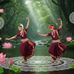 A group of Indian dancers dressed in traditional Bhuiya folk attire, captured mid-motion in a lush, verdant forest setting. The dancers are wearing brightly colored costumes adorned with intricate patterns and motifs reflective of Madhubani and Pattachitra art styles, featuring deep maroon, peacock blue, and saffron hues. Their movements are dynamic, showcasing the fluidity and grace of the dance, with ornate jewelry that glistens in the soft, ethereal light filtering through the trees. Surrounding them are stylized lotus flowers and floating mandalas that add a surreal, spiritual dimension to the scene. The background features a serene stream, adding a sense of tranquility and connection to nature. The art style is a blend of traditional and modern aesthetics, with a hyperrealistic quality that captures the essence and cultural richness of the Bhuiya folk dance.