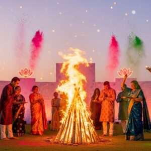 A vibrant scene depicting the Holika Dahan celebration, with a large bonfire at the center, its flames dancing upward in rich hues of orange and gold. Surrounding the fire are Indian families dressed in traditional attire with modern touches, such as intricately patterned kurtas and sarees in deep saffron, maroon, and peacock blue. They are engaged in traditional rituals, like offering prayers and throwing colored powders. The background features stylized lotus flowers and mandalas, glowing softly under a pastel-colored sky that transitions from twilight to night. The air is filled with a sense of joy and reverence, with soft glowing lights and a warm, ethereal atmosphere enveloping the scene.