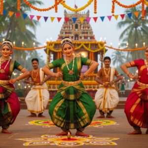 A vibrant and captivating scene featuring a traditional Tuluva festival celebration. In the foreground, a group of Indian dancers adorned in rich, colorful attire typical of Tuluva culture, including intricately designed sarees and traditional jewelry. Their movements are dynamic and graceful, capturing the essence of traditional Tuluva dance forms like Yakshagana. In the background, a festive setting with vibrant decorations and lanterns, surrounded by lush green landscapes. The atmosphere is lively yet serene, with soft glowing lights and warm golden hues highlighting the dancers and their expressions of joy and cultural pride. The art style is hyperrealistic with a modern digital aesthetic, integrating traditional patterns and motifs in a contemporary manner, with an emphasis on the rich heritage and spiritual aspects of Tuluva culture.