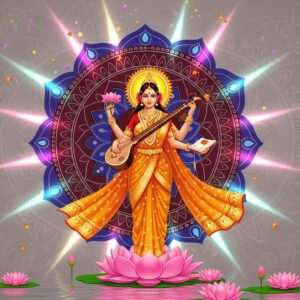 A divine Indian goddess with four arms, each gracefully holding a lotus, veena, mala, and book, symbolizing wisdom and art. She is adorned in a flowing, saffron-colored saree with intricate golden patterns, standing on a serene lotus floating on calm, reflective water. The background features a radiant mandala in shades of maroon and peacock blue, with soft, glowing pastel lights that create an ethereal and spiritual atmosphere. Surrounding her are delicate, colorful petals gently falling from above, and subtle, intricate motifs inspired by traditional Indian art forms. The overall scene is serene and enchanting, embodying the spirit of Navratri and Vasant Panchami with a modern digital aesthetic.