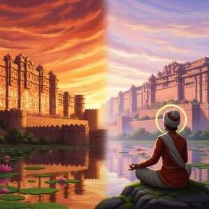 A serene, ethereal landscape depicting the majestic forts of Chittorgarh and Kumbhalgarh. On one side, Chittorgarh rises under a vibrant saffron and maroon sky, its historical walls adorned with intricate Pattachitra patterns and glowing mandalas. On the other side, Kumbhalgarh stands tall against a backdrop of soft pastel hues, with its walls reflecting the calmness of a lotus-filled water surface below. A tranquil aura envelops both sites, with warm golden light casting a spiritual glow across the scene. In the foreground, an Indian traveler in traditional attire meditates, embodying peace and mindfulness. The art style should merge hyperrealistic and digital fantasy elements, emphasizing cultural richness and spiritual depth.