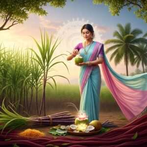 In a serene and ethereal setting, a beautiful Indian woman dressed in a flowing, pastel-colored saree stands beside a traditional sugarcane field and a tranquil coconut grove. She is gracefully pouring fresh coconut water into a glass, with a glowing lotus flower floating on its surface. Nearby, a bundle of sugarcane stalks is artfully arranged. The background features a softly glowing mandala and gentle pastel-colored light filtering through the trees, creating an atmosphere of tranquility and mindfulness. The scene has a photo-realistic quality with a touch of digital artistry, incorporating rich, deep colors like saffron and maroon. The overall tone exudes harmony and invites the viewer to explore the sweetness of nature.