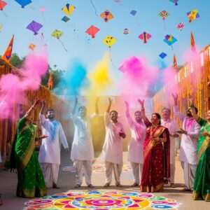 A vibrant, dynamic scene depicting the joyous celebrations of Holi and Makar Sankranti in Maharashtra. The foreground shows a group of Indian men and women joyously throwing colored powders in the air, their faces radiant with laughter and covered in vivid hues of pink, blue, and yellow. They are dressed in traditional Maharashtrian attire; women in bright sarees with gold jewelry, men in kurta pajamas. In the background, a kite festival is taking place, with colorful kites soaring against a clear blue sky. The setting is a bustling village street adorned with festive decorations and marigold garlands. A traditional Maharashtrian rangoli pattern is visible on the ground, adding to the scene's vibrancy. The art style should be hyperrealistic with rich, deep colors and intricate patterns that combine traditional and modern digital aesthetics, creating an inviting and lively atmosphere.