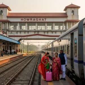 A vibrant and dynamic scene depicting a modern Indian railway station at Howraghat, bustling with travelers. The station architecture blends traditional Indian elements with modern design, featuring intricate carvings and motifs alongside sleek, contemporary structures. In the foreground, an Indian family dressed in elegant, colorful attire is preparing to board a train, capturing a moment of excitement and anticipation. The train itself is a modern marvel, gleaming in the sunlight with futuristic design elements. In the background, the train tracks stretch towards the distant landscapes of Diphu, Hojai, and Nagaon, depicted with lush greenery and serene skies. The lighting is warm and inviting, casting a golden hue over the scene. The image embodies a sense of journey, adventure, and connectivity, enticing readers to explore the guide.