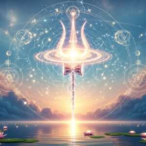 A mesmerizing cosmic scene depicting the Trishula Vyuha, a powerful astrological formation. In the center, a luminous, celestial trident (Trishula) made of radiant starlight emerges from an intricate network of swirling constellations and glowing orbits. The trident's prongs pierce through a serene, ethereal sky filled with soft pastel hues of blue, pink, and gold. Surrounding the trident are harmonious mandala patterns and sacred geometric shapes that reflect the divine order of the cosmos. Softly glowing lotus flowers float across a calm, reflective water surface beneath, adding to the tranquility and spiritual essence of the scene. The overall effect is hyperrealistic with a surreal touch, capturing the mystical allure of Vedic astrology and cosmic formations.