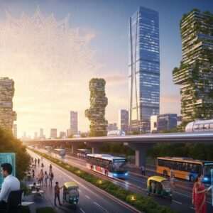 A hyperrealistic, ethereal depiction of a bustling, futuristic Indian cityscape along the Gorakhpur-Siliguri and Kharagpur-Siliguri corridors. The scene is vibrant with gleaming skyscrapers, modern transportation systems, and lush green spaces harmoniously integrated. In the foreground, Indian men and women in contemporary attire engage in dynamic activities, symbolizing growth and innovation. The backdrop features a glowing mandala sun, casting a soft, warm light over the scene. Intricate patterns and cultural motifs subtly woven into the architecture and surroundings add depth. The overall atmosphere exudes progress, connectivity, and prosperity, capturing the transformative impact of these corridors.