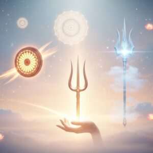 An ethereal and surreal depiction of a celestial armory showcasing the divine weapons: Trishula, Sudarshan Chakra, and Brahmastra. In the foreground, the majestic Trishula, with its three sharp prongs, glows with a soft golden aura, held by an ethereal figure resembling Lord Shiva. To the left, the Sudarshan Chakra, a luminous spinning disc with intricate patterns, radiates a warm saffron light, depicted mid-flight with a subtle motion blur, reminiscent of Lord Vishnu's presence. On the right, the Brahmastra, an ancient weapon of celestial energy, is illustrated as a radiant spear emitting a soft blue glow, surrounded by faint, wispy clouds. The background features a serene cosmic landscape with pastel hues of pale pink and soft blue, embellished with floating mandalas and lotus motifs. The scene is bathed in a gentle, otherworldly light that accentuates the spiritual and mystical essence of these legendary weapons, inviting viewers into a mythological exploration.