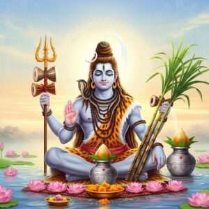 In a serene, ethereal landscape bathed in soft golden light, an exquisitely detailed image of Lord Shiva is depicted seated in meditation. His divine form is adorned with intricate jewelry and a crescent moon on his matted hair, with the sacred river Ganga flowing from it. He holds a trident in one hand and a damaru (drum) in another, surrounded by a gentle glow. In front of Him, a traditional silver vessel filled with glistening sugarcane juice is placed on a lotus-adorned altar. The scene is enveloped in pastel hues of soft blue and pale pink, with delicate lotus flowers floating on a calm water surface nearby. Peacock feathers and subtle mandalas accentuate the background, creating an atmosphere of tranquility and devotion. The art style is hyperrealistic, blending the richness of traditional Indian motifs with modern digital aesthetics, capturing the essence of spirituality and reverence.