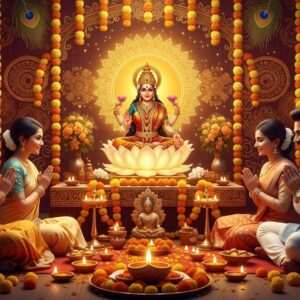 A serene and ethereal scene depicting a traditional Indian Diwali celebration. The focus is on a beautifully adorned altar with a golden idol of Goddess Lakshmi, seated on a lotus, surrounded by a glowing aura. She has four hands; one holds a lotus, another showers coins, and the other two are in blessing mudras. The altar is decorated with marigold flowers and diyas emitting a warm, soft glow. The background showcases intricate patterns of peacock feathers and mandalas in shades of gold, saffron, and maroon. A family dressed in vibrant Indian attire, including sarees and kurta pajamas, performs the puja with folded hands, exuding a sense of devotion and tranquility. The ambient lighting casts a divine glow, emphasizing the spiritual atmosphere. The art style is hyper-realistic with elements of digital fantasy, capturing the essence of modern Indian celebrations blended with cultural heritage.