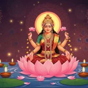 A serene and ethereal depiction of Goddess Lakshmi, seated gracefully on a blooming lotus flower floating on a calm water surface. She has four arms; in her upper two hands, she holds a lotus flower and a conch shell, while her lower right hand is in the abhaya mudra (gesture of fearlessness) and the lower left hand showers gold coins. The background is a blend of traditional Indian motifs like glowing mandalas and intricate patterns in deep maroon, peacock blue, and gold. The scene is bathed in a soft, warm glow with pastel hues reflecting the tranquil atmosphere of Diwali night. Surrounding her are floating diyas (oil lamps) and delicate lotus petals, creating an ambiance of peace and prosperity. The art style is a harmonious blend of Madhubani and Pattachitra with a modern digital twist, inviting readers to delve into the sacred rituals of Lakshmi Puja.