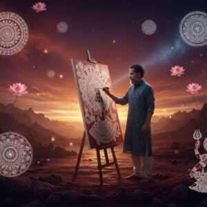 A serene and ethereal depiction of Mahadev Desai, an Indian artist, standing amidst a vibrant, surreal landscape that merges traditional Indian art forms with modern digital aesthetics. He is seen painting on a large canvas, which features intricate patterns of Madhubani and Pattachitra styles. The background is a blend of deep maroon and peacock blue, with glowing mandalas and lotus flowers floating in the air. A soft, golden light bathes the scene, highlighting Desai's expression of focused inspiration and creativity. His attire is traditional yet modern, reflecting his connection to heritage and innovation. The overall tone of the image is tranquil, spiritual, and dreamlike, capturing the essence of artistic dreams being realized.