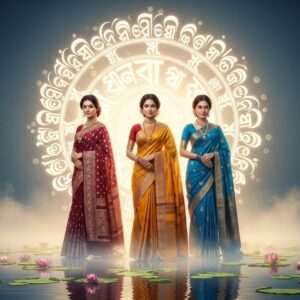 An ethereal scene depicting three graceful Indian women, each representing Bengali, Odia, and Assamese cultures. They are dressed in elegant sarees with intricate traditional patterns, each in a distinct color that symbolizes their respective culture (deep maroon for Bengali, rich saffron for Odia, and serene peacock blue for Assamese). The backdrop is a surreal, glowing mandala that subtly incorporates motifs from each script's unique characters, without directly displaying letters. Lotus flowers float on a calm water surface around them, and the atmosphere is filled with soft, pastel-hued mist. The lighting is gentle and warm, casting a divine glow on the women's serene faces, emphasizing the harmony and unity among these cultures. The style merges traditional Indian artistry with modern digital aesthetics, creating a serene yet captivating visual.