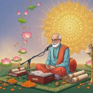 A serene, ethereal scene featuring a wise, elderly Indian man in traditional Marathi attire, seated cross-legged on a lush, green grass carpet. He is deeply engrossed in reciting sacred Marathi texts, with a radiant aura surrounding him. In the background, a large, intricate golden mandala glows softly, casting a divine light. The atmosphere is tranquil, with warm pastel colors like soft blue and pale pink blending seamlessly. Glowing lotus flowers and delicate marigold petals float around him, symbolizing devotion and spirituality. The setting includes elements like ancient scrolls and a softly illuminated brass lamp, creating a harmonious blend of tradition and modern digital aesthetics. The scene conveys a sense of peace, deep devotion, and spiritual exploration.