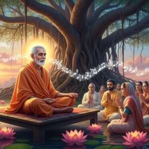 A serene scene depicting Bhuiya Baba, an elderly Indian sage with a peaceful expression, sitting cross-legged on a wooden platform under a large, ancient banyan tree. He is dressed in simple saffron robes, surrounded by a glowing aura of warm golden light. In the background, a soft, pastel-colored sky with hues of pink and blue creates a tranquil atmosphere. Around him, ethereal musical notes and symbols float in the air, symbolizing the soulful bhajans. Nearby, a small group of devotees, both men and women in traditional attire, listen with reverence, their faces illuminated by the gentle glow. Large lotus flowers bloom around the scene, enhancing the spiritual ambiance. The overall art style is hyperrealistic with a touch of ethereal fantasy, capturing the essence of devotion and serenity.