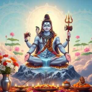A serene and ethereal depiction of Lord Shiva, seated in deep meditation atop a majestic mountain, surrounded by a halo of soft, glowing light. The scene captures the tranquility and spirituality of Mahashivratri. Lord Shiva is portrayed with his iconic features: a third eye on his forehead, matted locks with the Ganges flowing from them, adorned with a crescent moon and serpents. He holds a trident (trishul) in one hand and a damaru in the other. The background features a surreal, pastel-hued sky with mandalas and lotus flowers subtly integrated into the clouds. The foreground includes a simple yet elegant home altar setup for Shiva Puja, with an arrangement of flowers, incense, and a small Shiva Lingam, bathed in warm golden light. The overall composition is hyperrealistic with a touch of fantasy, inviting viewers to embrace the divine energy of the festival.
