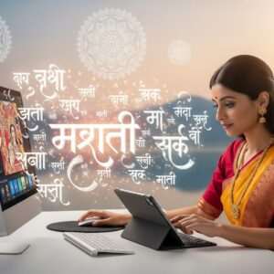 A vibrant scene featuring an Indian woman immersed in digital creativity, surrounded by floating, glowing Marathi script characters that resemble traditional Pattachitra motifs. She is seated at a sleek, modern desk with a digital tablet and futuristic keyboard, her attire blending traditional Maharashtrian elements with contemporary fashion. The background showcases a serene, ethereal setting with subtle glowing mandalas and pastel hues, creating an atmosphere of innovation and cultural richness. The lighting casts a soft, warm glow, highlighting the integration of heritage and technology, capturing the essence of embracing Marathi in the digital age.